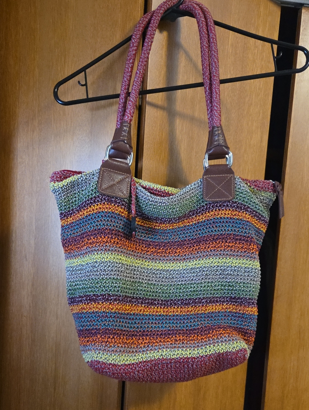 The Sak Multicolor Striped Crochet Tote with Burgundy Handles
